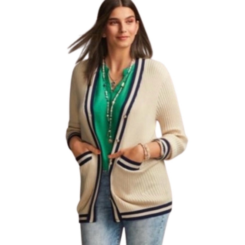 Cabi Radcliffe Ribbed Button-Up Cardigan Cream Navy Size Medium
